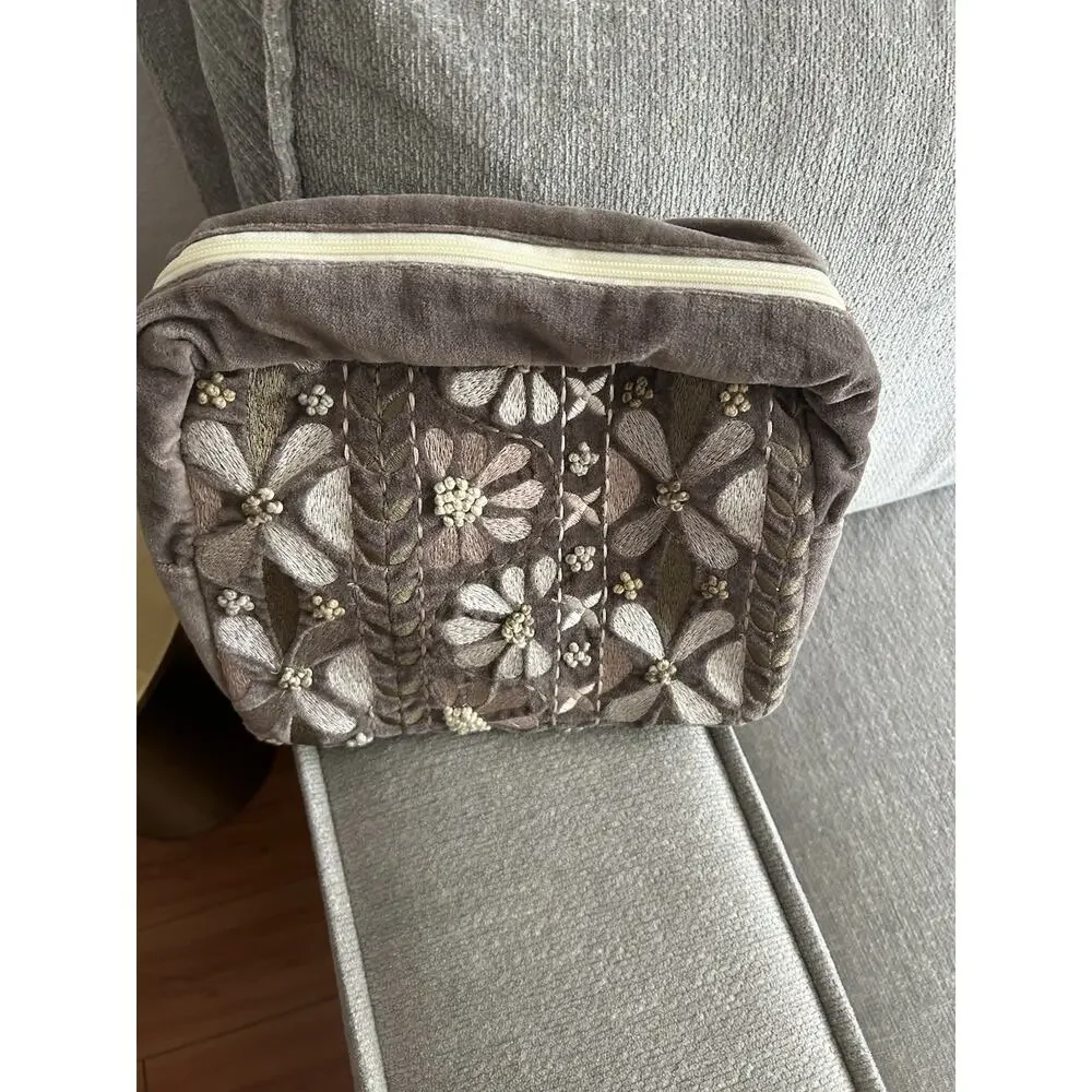 Velvet Bohemian Floral Embroidery Pouch Cosmetic Bag Brown
